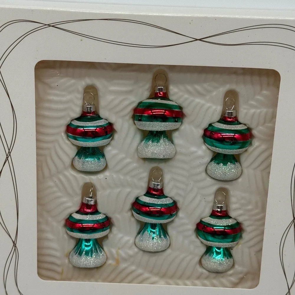 Vintage Bradford Dayton Hudson Glass Mushroom Ornaments Boxed Set 6 Kitsch